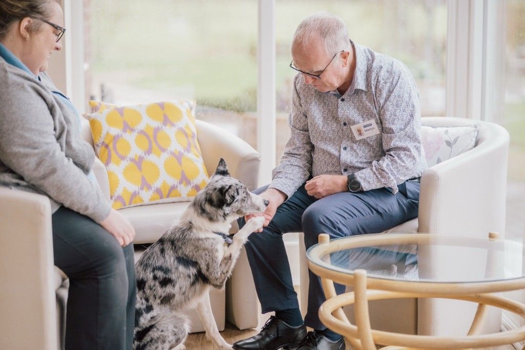 A patient, carer and therapy dog in a welcoming hospice lounge