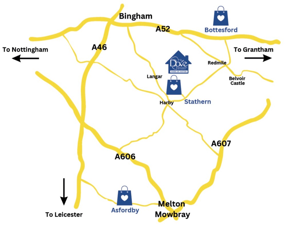 Map showing Dove Cottage Day Hospice and charity shops at Bottesford, Stathern and Asfordby